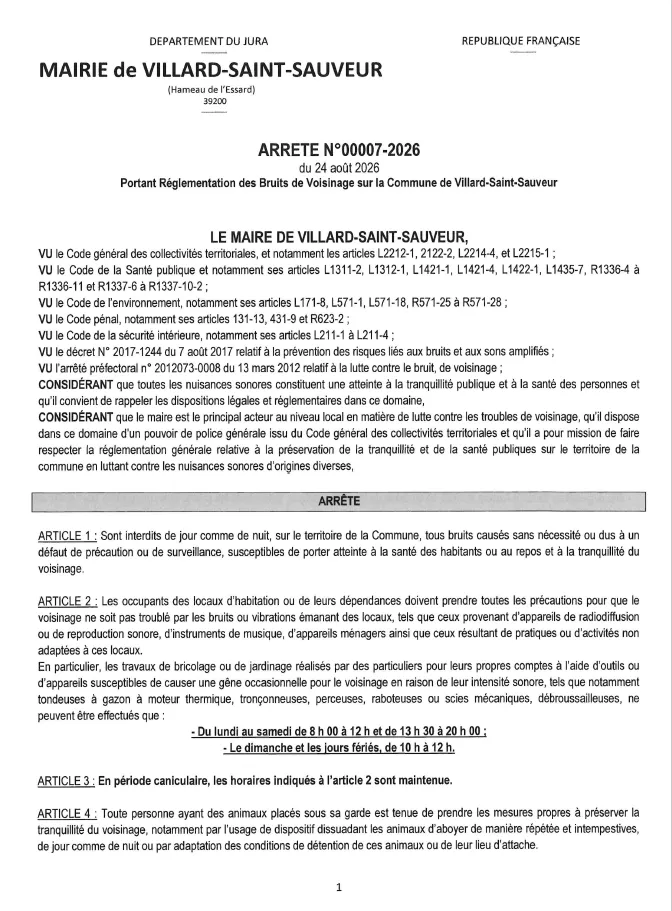 Arrêté Portant Réglementation des Bruits de Voisinage sur la Commune de Villard-Saint-Sauveur